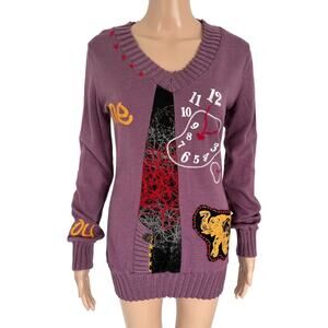 Y2K Euro Wool Blend Sweater Dress S/M Artsy Embroidered Graphic Patch Grunge